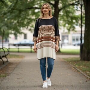 Free People Womens Tunic‎ Dress Boho Bohemian Stripes Print Block Size Medium